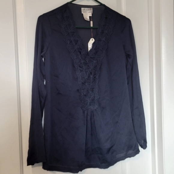 Max Studio Specialty Navy Blue V-Neck Tunic Blouse XS NWT - Picture 1 of 12